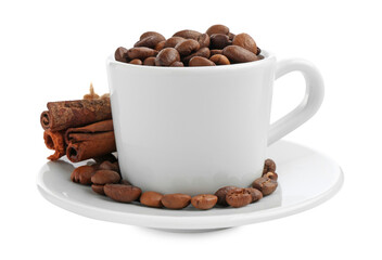 Ceramic cup with roasted coffee beans and cinnamon isolated on white