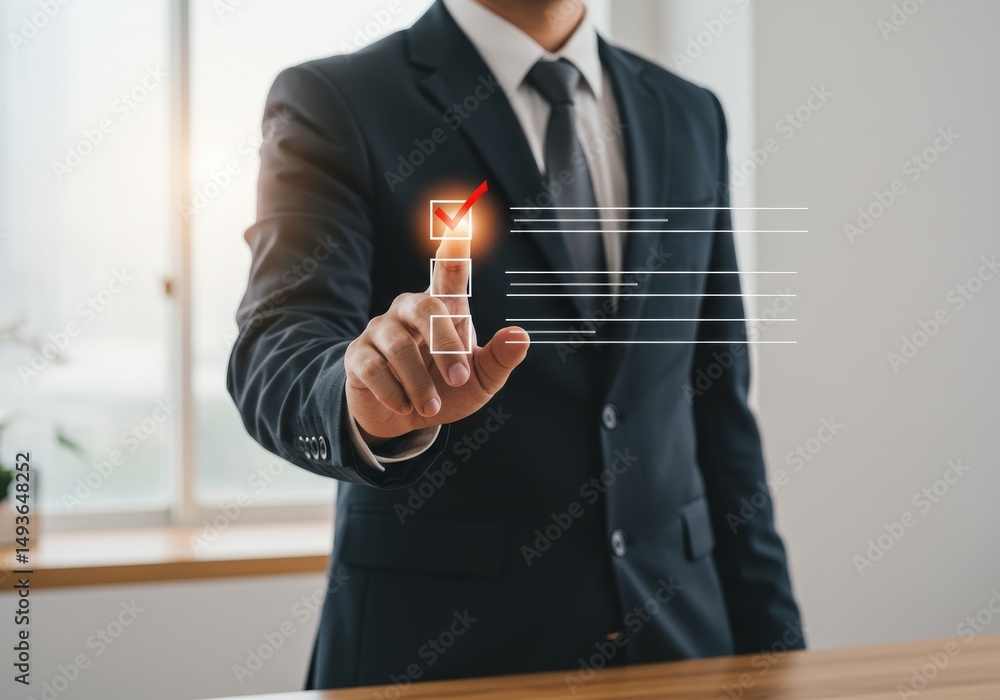 Poster businessman selecting checklist item - close-up of a businessman in a suit using his finger to selec