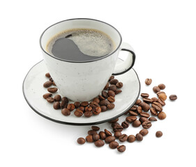 Aromatic coffee in cup and beans isolated on white