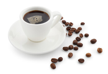 Aromatic coffee in cup and beans isolated on white
