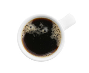 Aromatic coffee in cup isolated on white, top view
