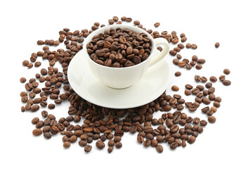 Aromatic coffee in cup and beans isolated on white
