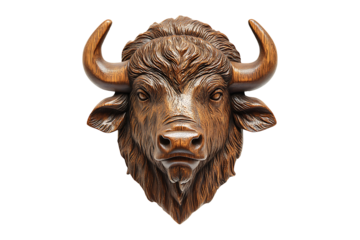 Mahogany wooden engraving Bison head trophy isolated on transparent background
