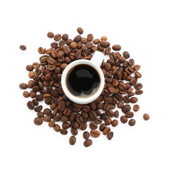 Aromatic coffee in cup and beans isolated on white, top view