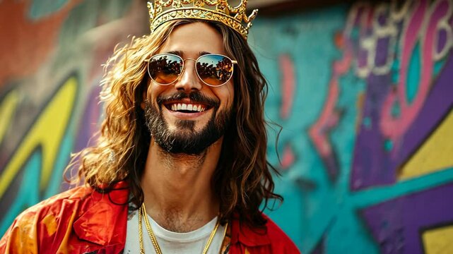 Jesus Christ wearing gold crown and normal leisure attire modern time smiling at street with graffiti wall background