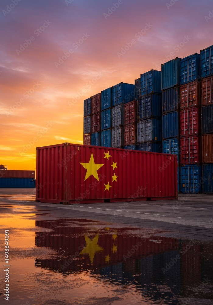 Poster chinese export shipping containers at sunset - a single red shipping container with the chinese flag