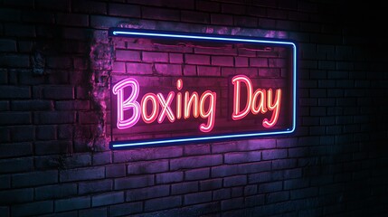 Neon sign for Boxing Day on a brick wall.