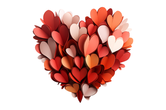 Many hearts paper sculpture isolated on transparent background