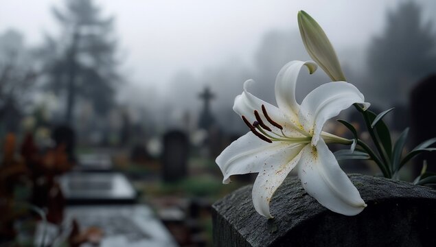 White Lily on Grave with Foggy Cemetery.