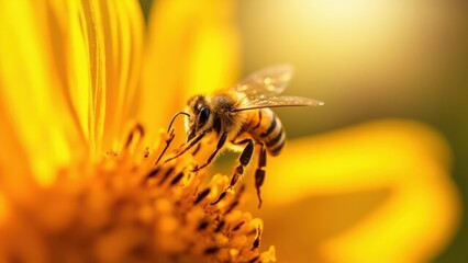A bee with droplets of nectar on its wings gathers pollen from a bright yellow flower under warm sunlight. Concept of pollination, beekeeping, and the beauty of nature.
