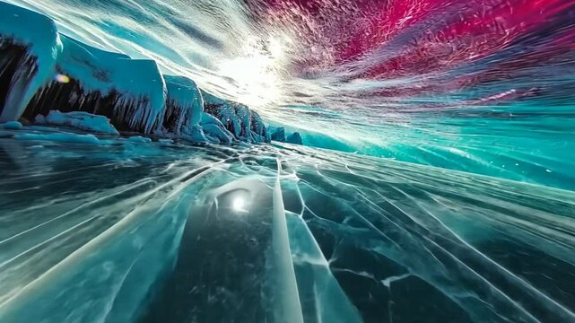 ethereal breathtaking nature landscape blue ocean with ice shore under pink blue rough sky 