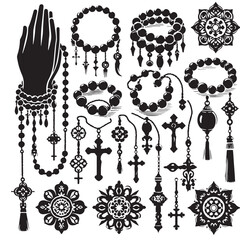 Black Color Rosary Silhouette Vector Illustration, Solid White Background. minimal vector design