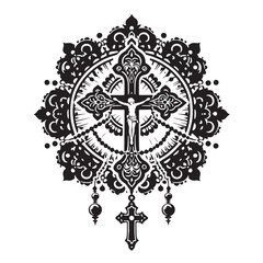 Black Color Rosary Silhouette Vector Illustration, Solid White Background. minimal vector design