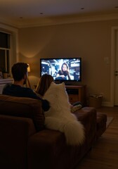 Couple and Dog Enjoying Movie Night on Couch - Cozy evening, couple relaxing on sofa with their fluffy dog, watching TV, warm lighting, shared experience. Symbolizes: companionship, relaxation, love