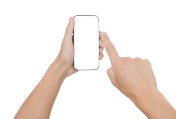 Man with modern smartphone on white background, closeup. Mockup for design
