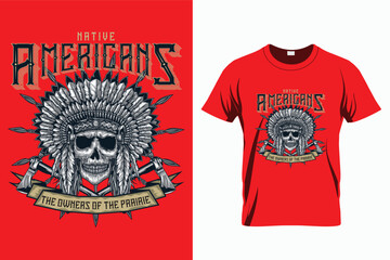 Native American Skull Chief T-Shirt Tribal Headdress Warrior Design on Red