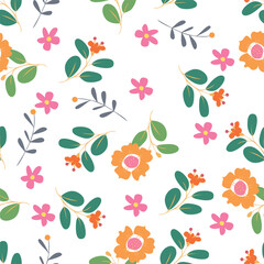 Trendy floral seamless pattern. Simple red and beige daisy. Spring flower template for packaging, postcards, textile printing, wallpaper. Hand drawn illustration isolated on white background