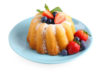 Tasty Bundt cake with powdered sugar and berries isolated on white