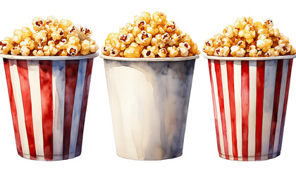 a watercolor painting of three popcorn containers, two with red and white stripes filled with popcorn and one blank white container.