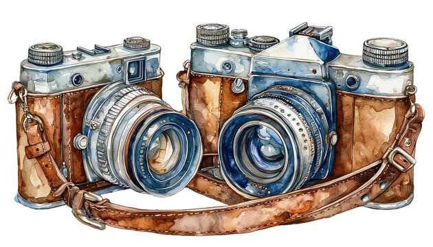 a watercolor painting depicts two vintage rangefinder cameras with leather cases resting side by side on a white background.