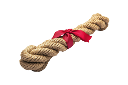 Long tug of war rope pulled tight with red ribbon isolated on transparent background
