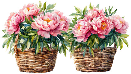a watercolor painting of two woven baskets filled with vibrant pink peonies and lush green foliage.