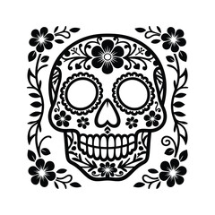Intricate Day of the Dead Sugar Skull Silhouette – Detailed Ornamental Floral Pattern in Black and White