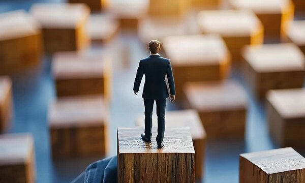 Businessman standing on a wooden block, contemplating choices among scattered cubes in a bright setting