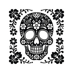 Intricate Day of the Dead Sugar Skull Silhouette – Detailed Ornamental Floral Pattern in Black and White