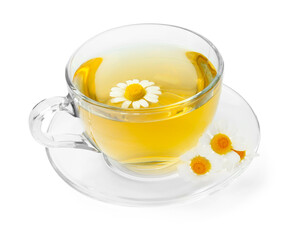 Delicious chamomile tea in glass cup and fresh flowers isolated on white