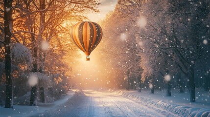 Winter wonderland scene with hot air balloon.