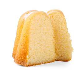 Pieces of tasty bundt cake isolated on white