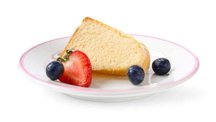 Piece of tasty bundt cake with berries isolated on white