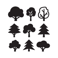 Tree Silhouettes Set – Black and White Stylized Botanical Vector Icons