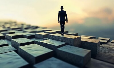 Businessman walking on abstract geometric blocks towards a sunset, symbolizing progress and ambition - Powered by Adobe