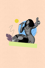 Art poster collage of person hold vinyl plate sing on pastel color background