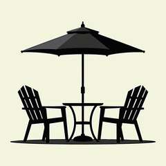 Outdoor patio set with two chairs and umbrella in black silhouette  
