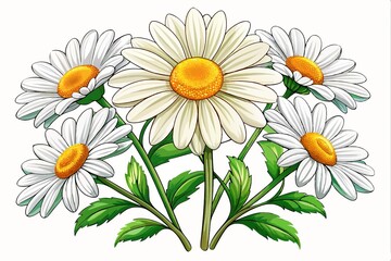Beautiful bouquet of daisies with bright yellow centers and green leaves