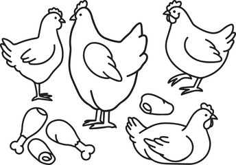 Cute cartoon chickens and chicken parts line art illustration