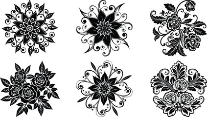 Ornate Black and White Flower Mandala and Petal Set