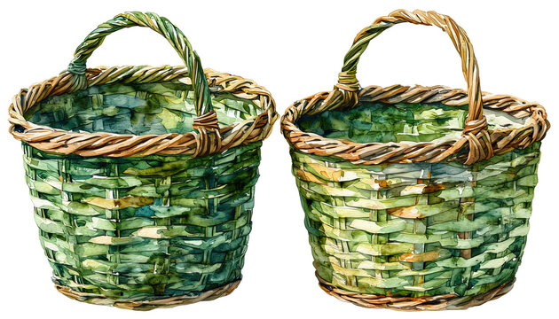 a watercolor painting depicts two woven green baskets with rounded handles and brown rims, standing side by side on a white background.