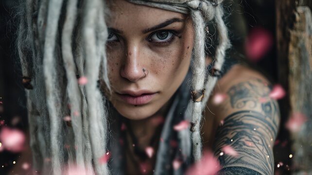 Portrait of a Young Woman as a Rogue Summoner with Glowing Tattoos Surrounded by Floating Petals