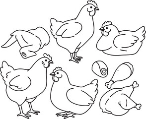 Cartoon chickens and chicken parts line art illustration