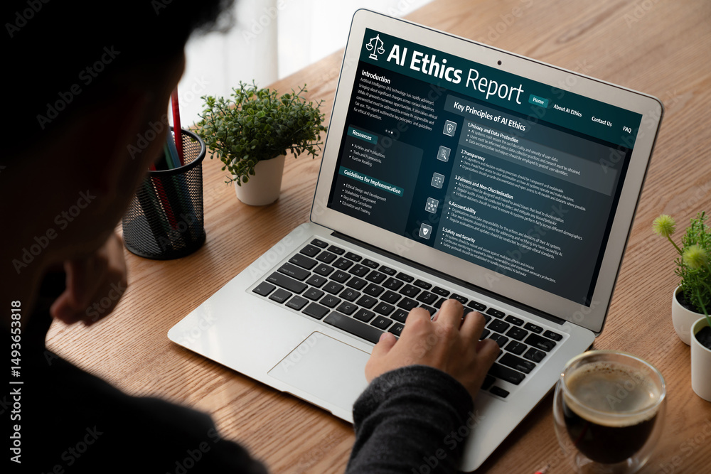 Poster ai ethics responsibility standard law and rules on computer screen provide report of ai ethic transp