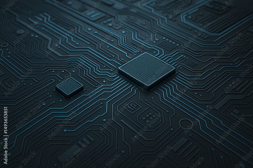 Poster a close-up view of a black circuit board featuring intricate lines and chips, showcasing the beauty 