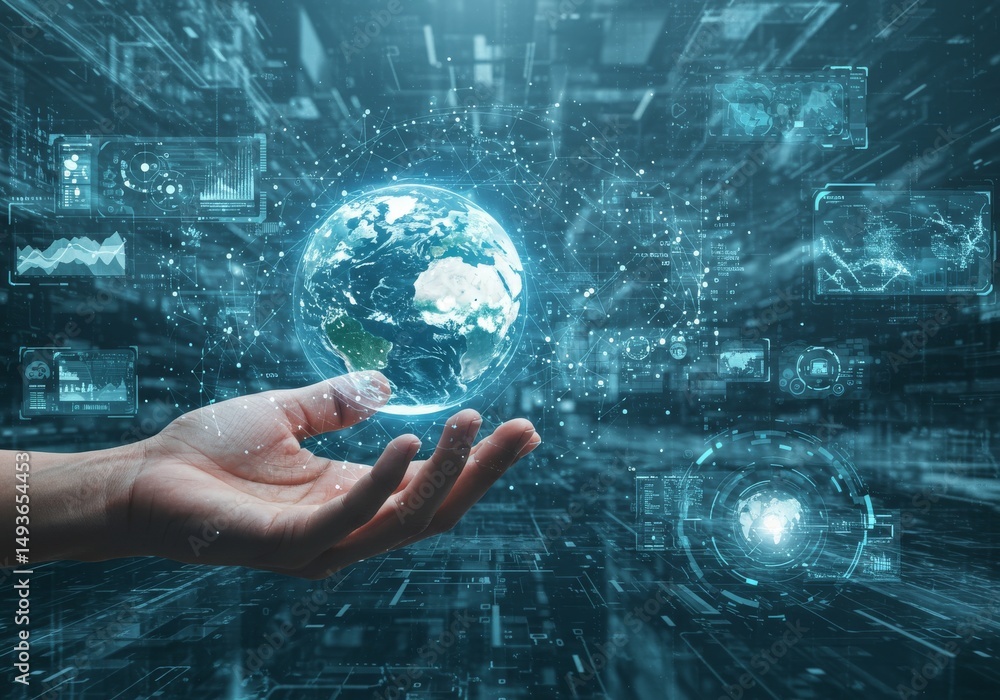 Poster global data network in hand - hand holding a glowing earth surrounded by data streams, representing 