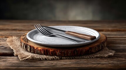 Obraz premium A single plate and silverware arranged symmetrically on a rustic table with soft shadow detailing.