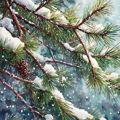 Snow-covered pine branches in winter landscape artwork.