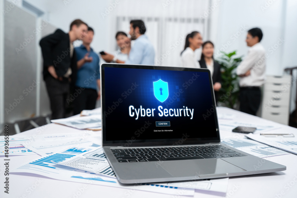 Poster Cyber security system on computer screen protect private information brisk from hacker and cyber attack