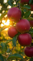 Obraz premium Golden Hour Apples: A Harvest Sunset - Ripe red apples glowing in the warm sunlight of a golden hour sunset, symbolizing abundance, harvest, nature's bounty, healthy eating, and autumn